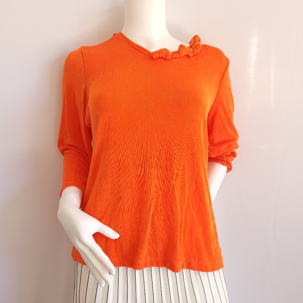 NWT Citiknits Vibrant Orange Ruffled 3/4 Sleeve Blouse Size L